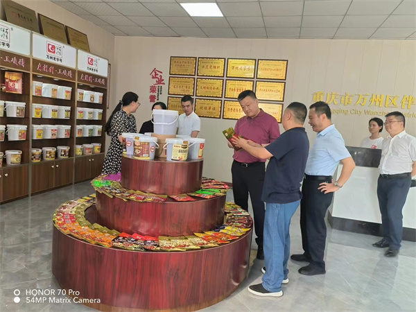 7月12日下午，萬州區委副書記、渝yu東dong開kai發fa區qu黨dang工gong委wei書shu記ji李li慶qing，渝yu東dong開kai發fa區qu張zhang勁jin鬆song主zhu任ren，闕que俊jun傑jie副fu主zhu任ren一yi行xing調tiao研yan伴ban神shen釀niang造zao。李li書shu記ji強qiang調tiao借jie助zhu重zhong慶qing市shi政zheng府fu對dui重zhong慶qing小xiao麵mian產chan業ye的de扶fu持chi政zheng策ce，做zuo大da做zuo強qiang伴ban神shen釀niang造zao！並期待公司年產5 0 0 0噸調味品生產線盡快投產！